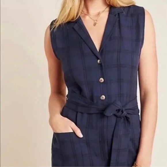 Anthropologie Brielle Plaid Jumpsuit navy blue size Medium M y2k boho H - Picture 4 of 10